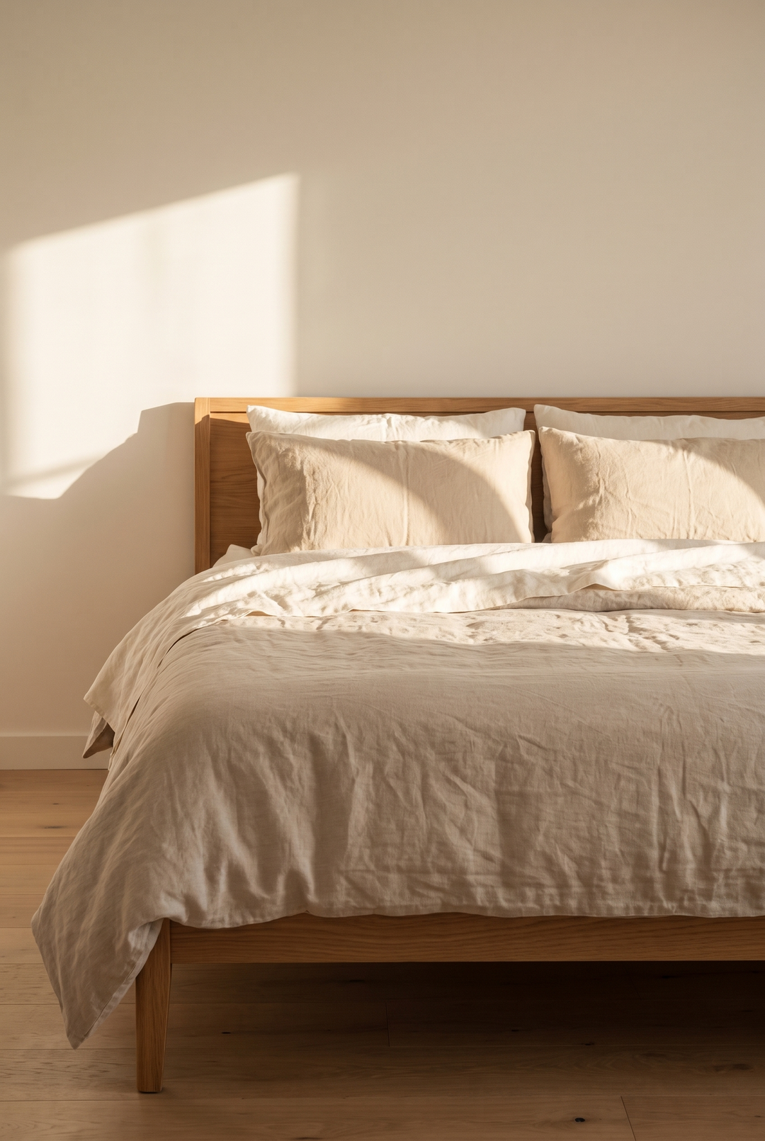 A made bed with washed linen bedding in oat and cream
