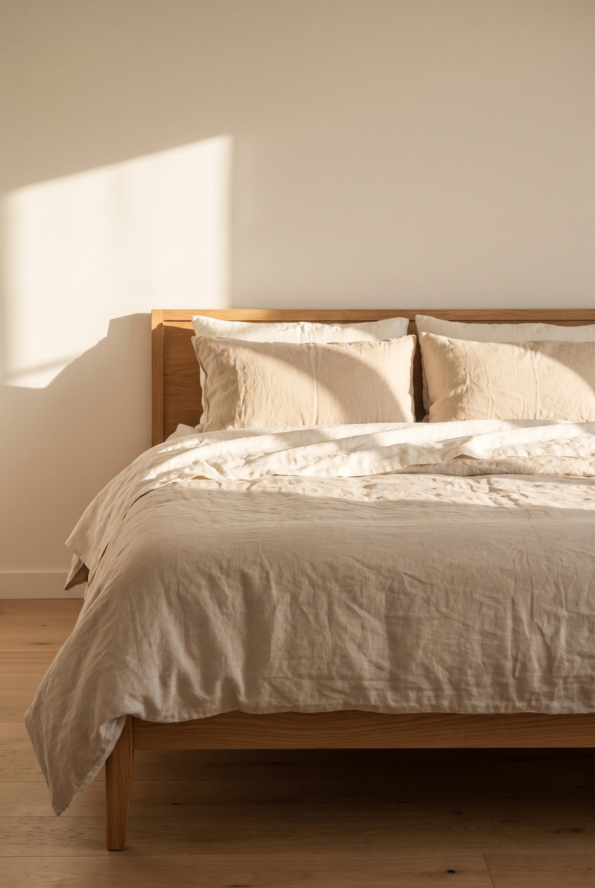 A made bed with washed linen bedding in oat and cream