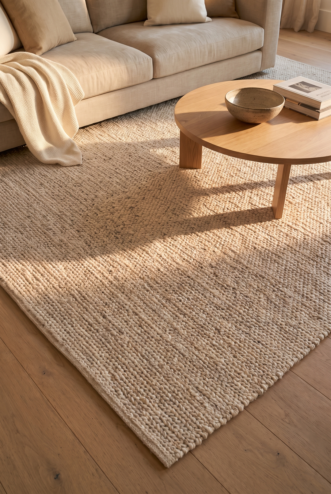 A textured cream wool rug on light oak floorboards