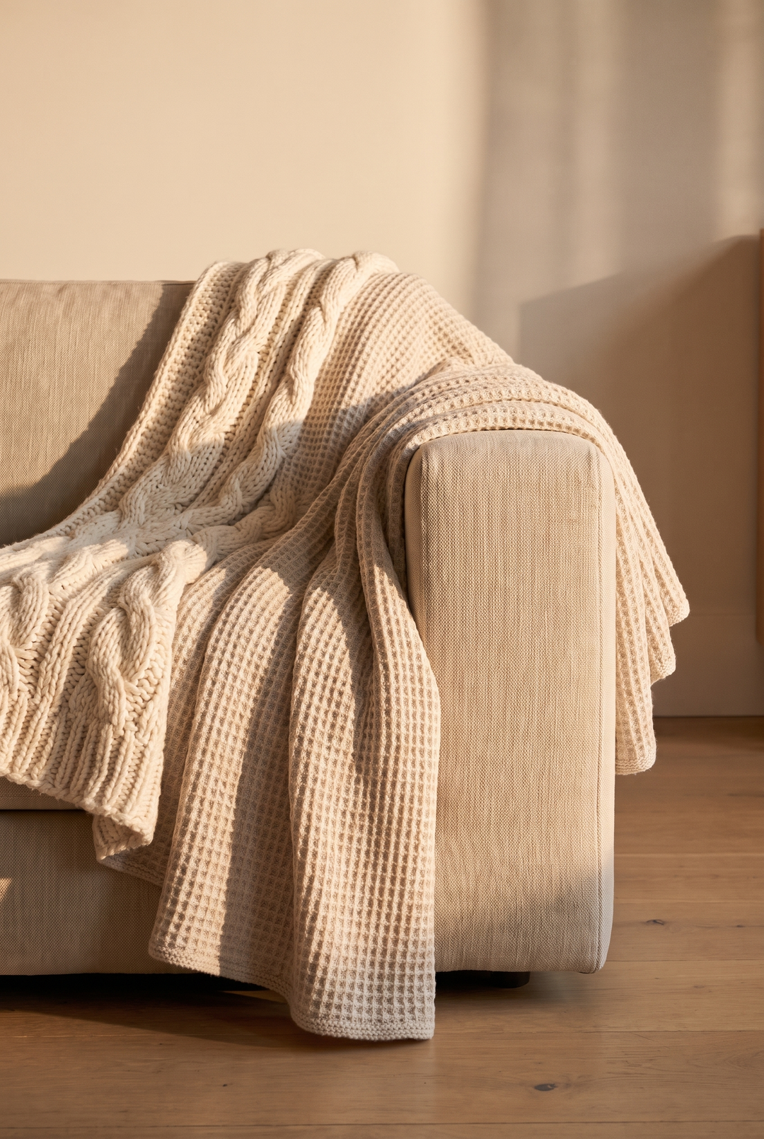A knit throw and waffle blanket over the arm of a linen sofa