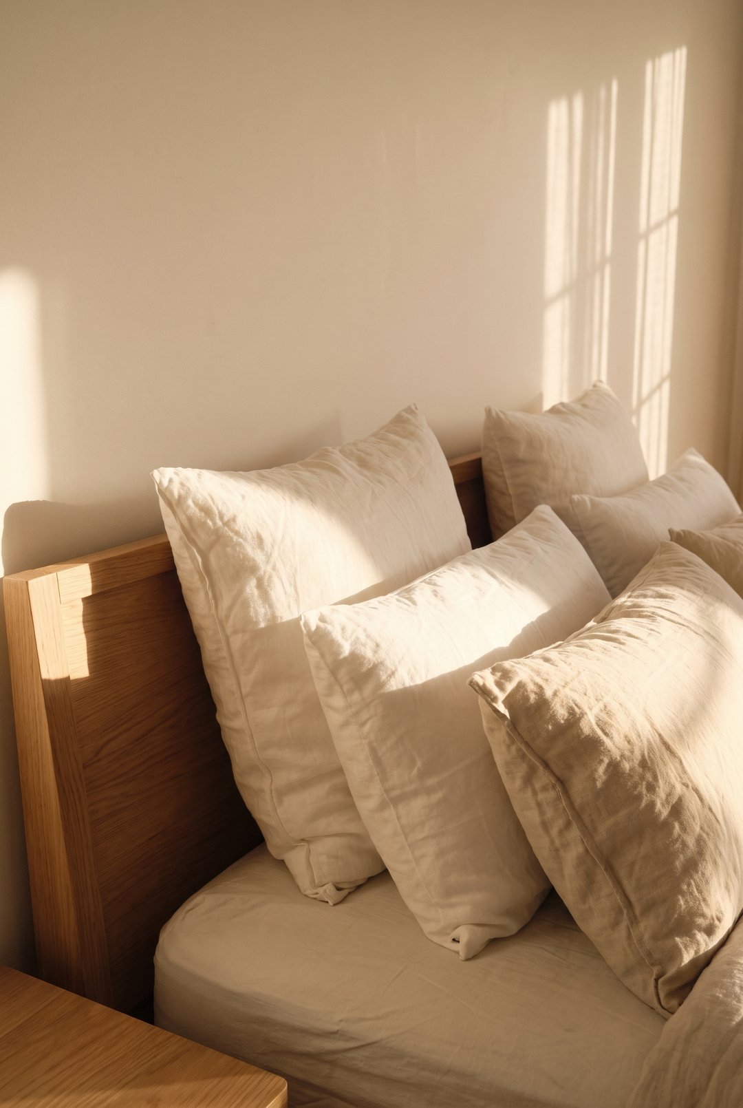 Plump pillows stacked at the head of a bed