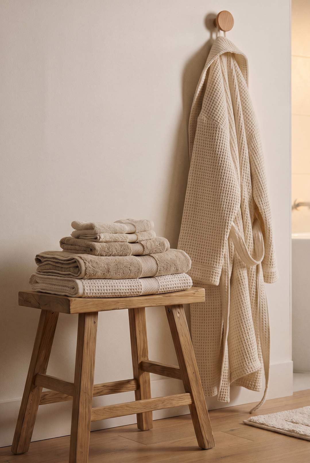 Folded towels on an oak stool with a waffle robe behind