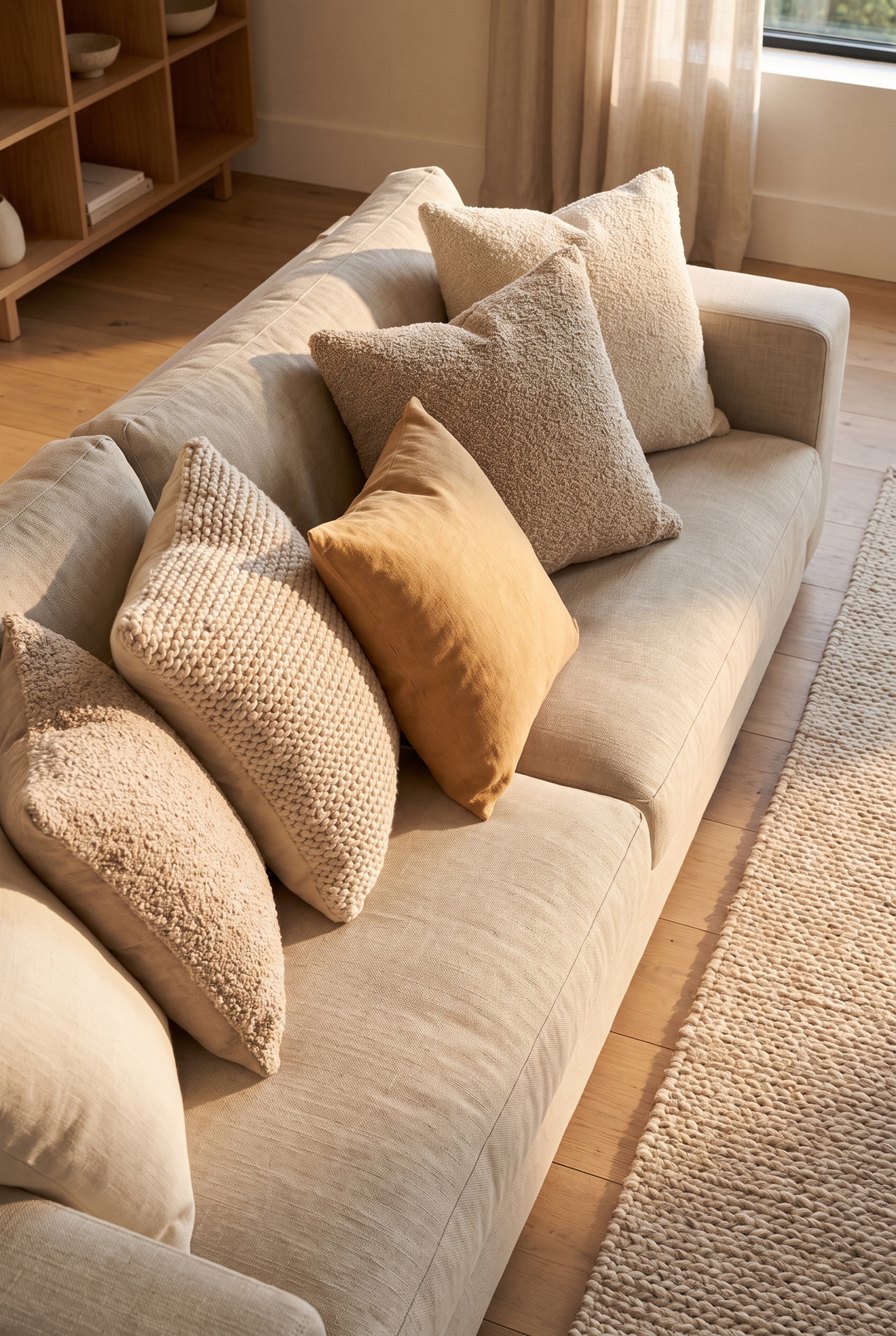 Linen, boucle and knit cushions on a linen sofa