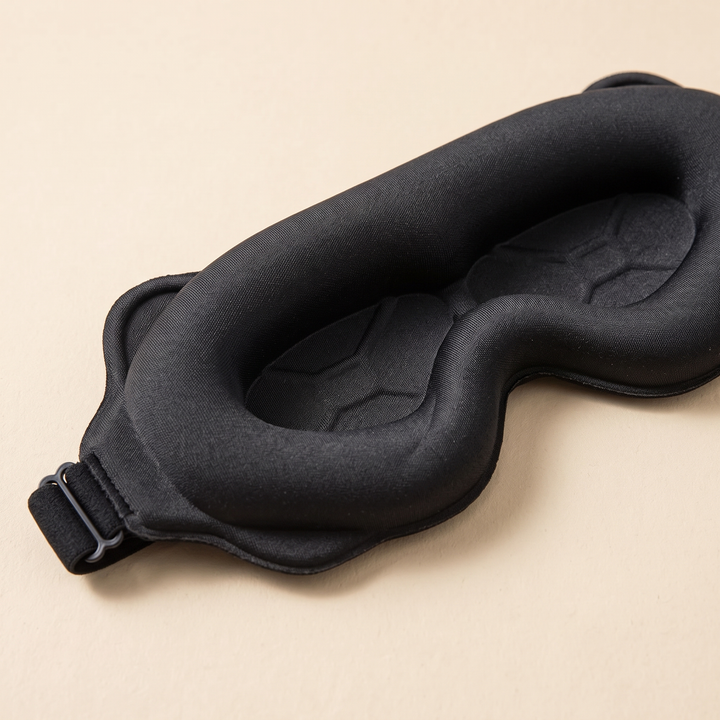 3D Contoured Sleep Mask in Black – close-up of the inner eye cavities and elastic strap buckle