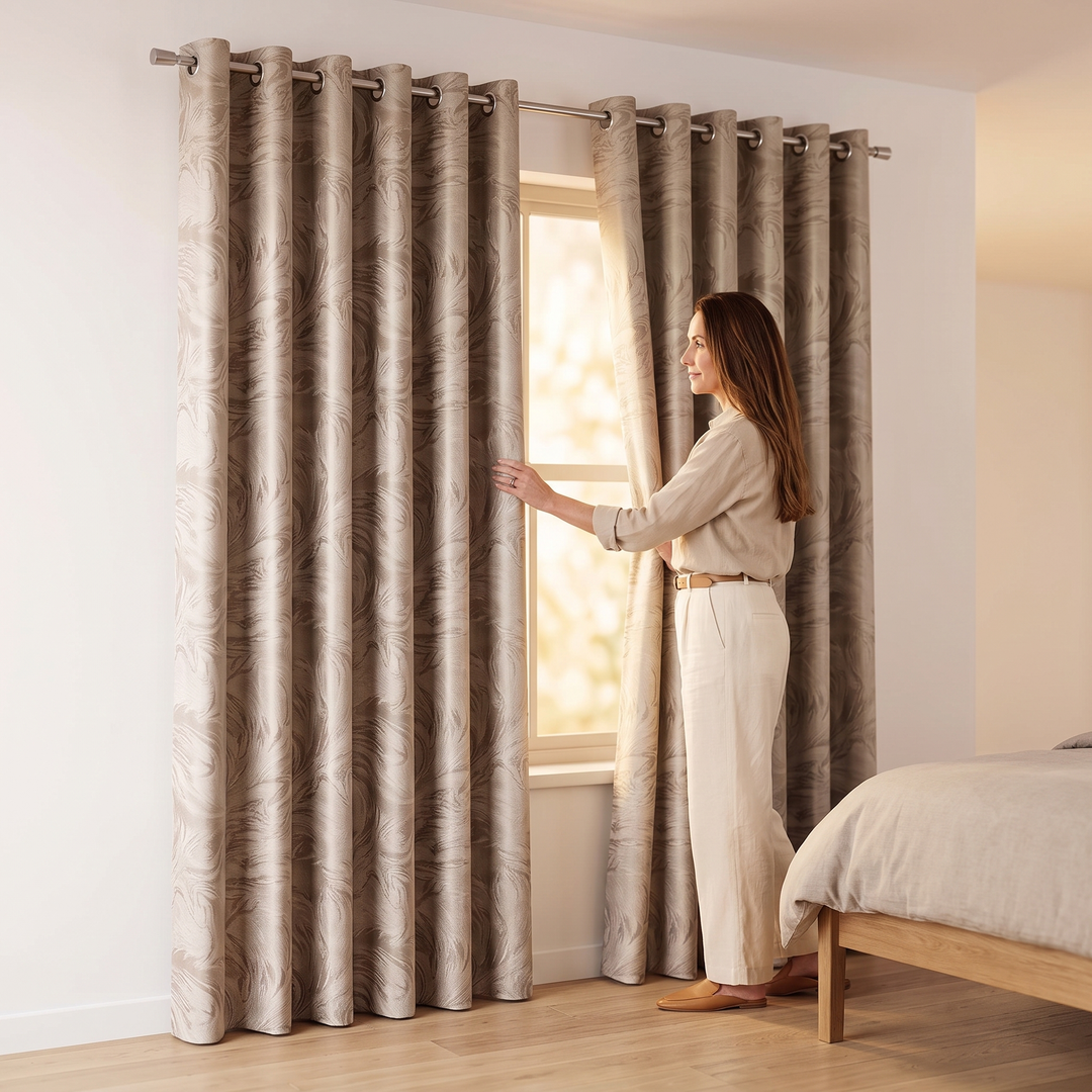 Patterned Curtain Panel – Abstract Leaf in Taupe – woman in linen outfit opening one panel in a bedroom