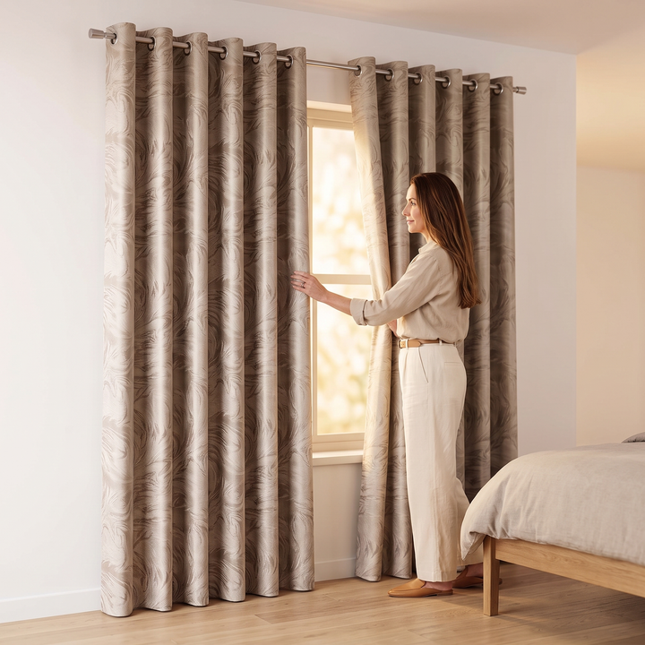 Patterned Curtain Panel – Abstract Leaf in Taupe – woman in linen outfit opening one panel in a bedroom