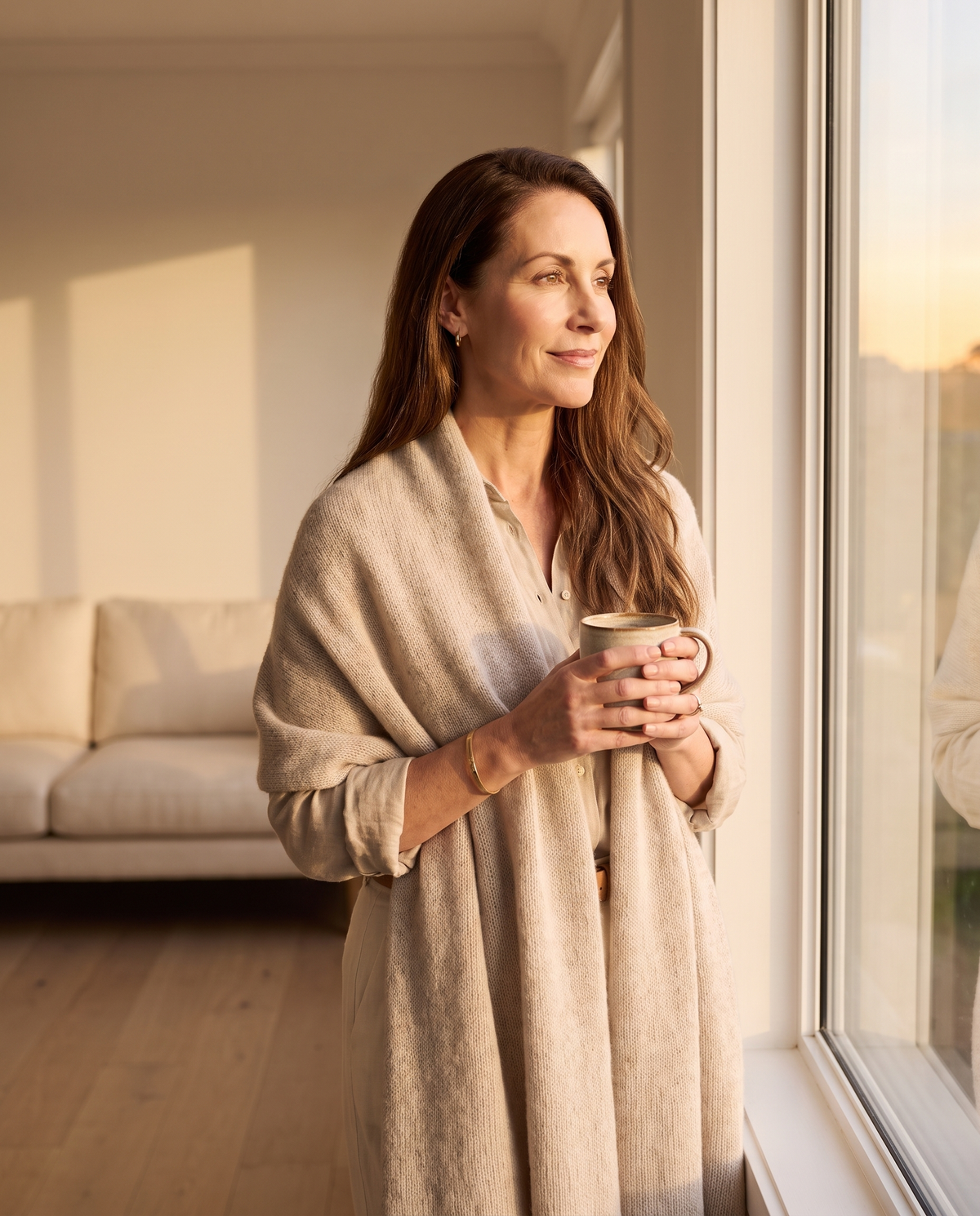 Golden hour by the window with a knitted throw