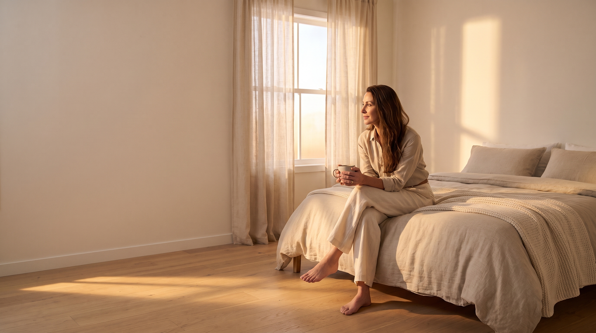 Dusk in a calm bedroom, amber light through linen curtains