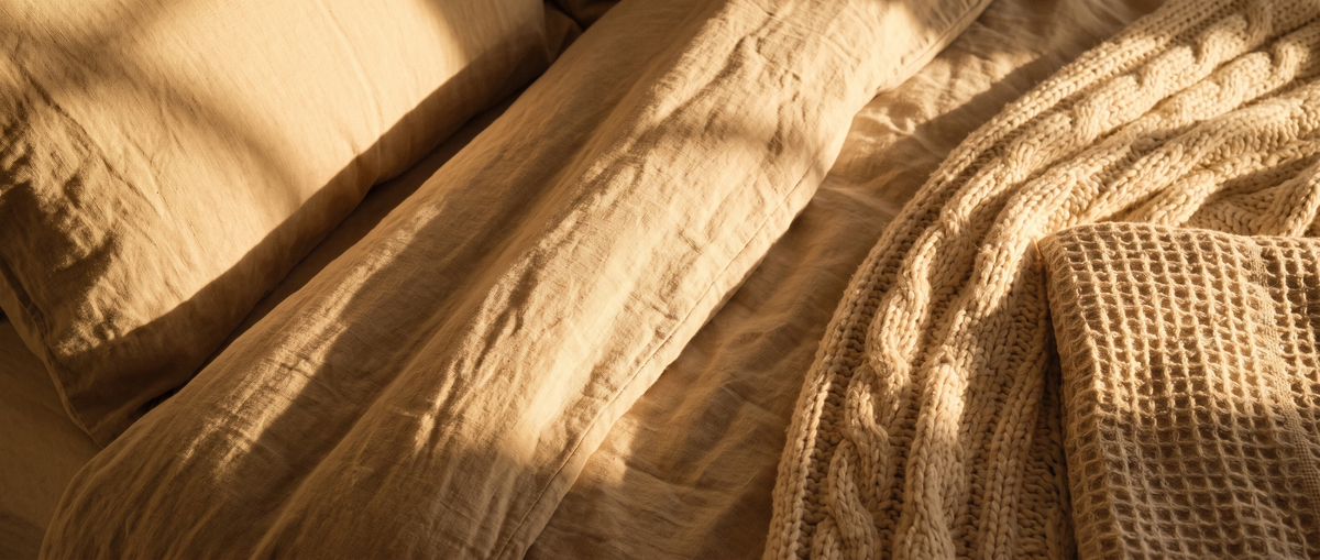 Linen, knit and waffle textures in warm light