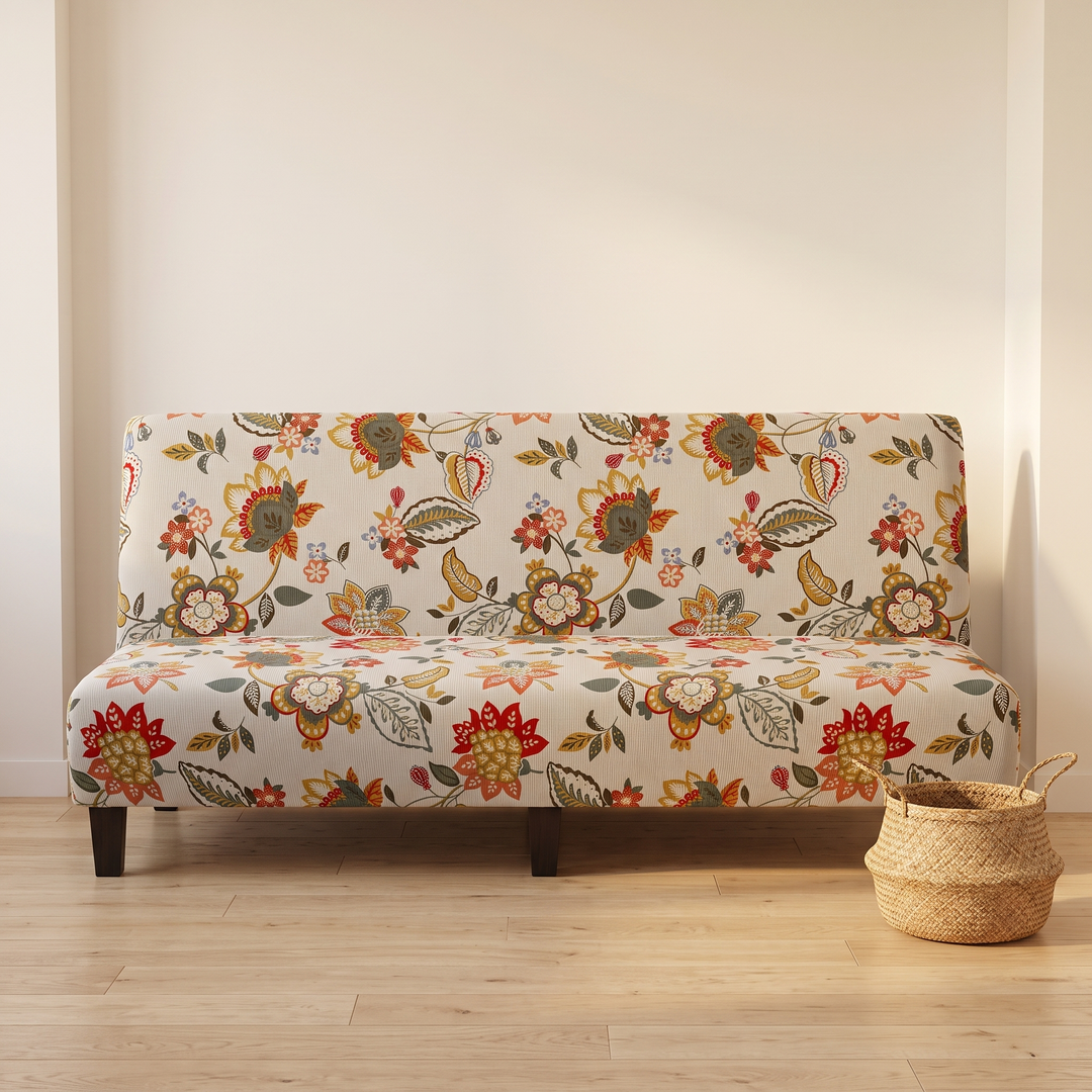 Stretch Futon Cover – Armless in Beige – Floral – straight-on front view against a plain wall beside a woven basket