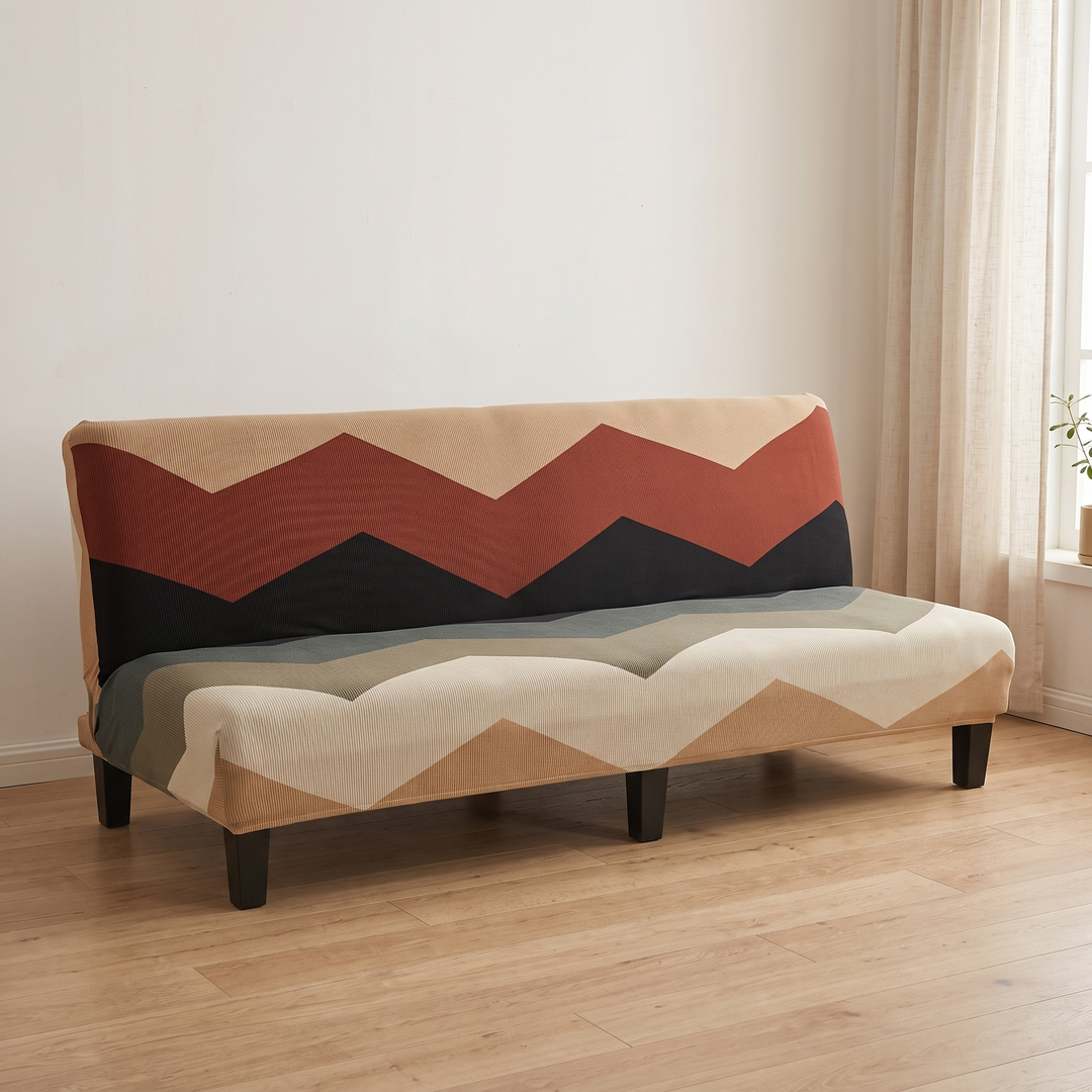 Stretch Futon Cover – Armless in Chestnut Brown – Zigzag – wide view of backrest zigzag bands beside sheer curtain in empty room