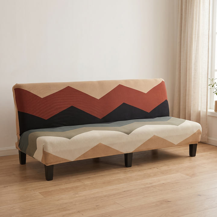 Stretch Futon Cover – Armless in Chestnut Brown – Zigzag – wide view of backrest zigzag bands beside sheer curtain in empty room