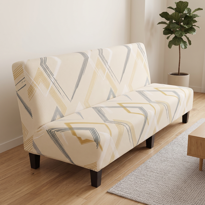 Stretch Futon Cover – Armless in Cream – Line Geometric – angled view in living room with potted plant and rug