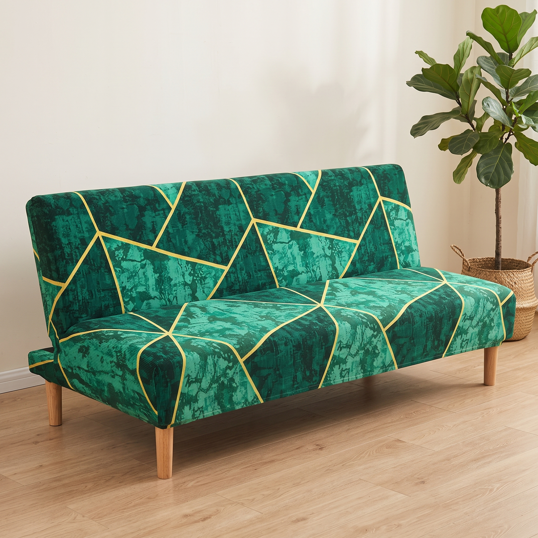 Stretch Futon Cover – Armless in Emerald Green – Marble – angled view of gold lines crossing seat and backrest