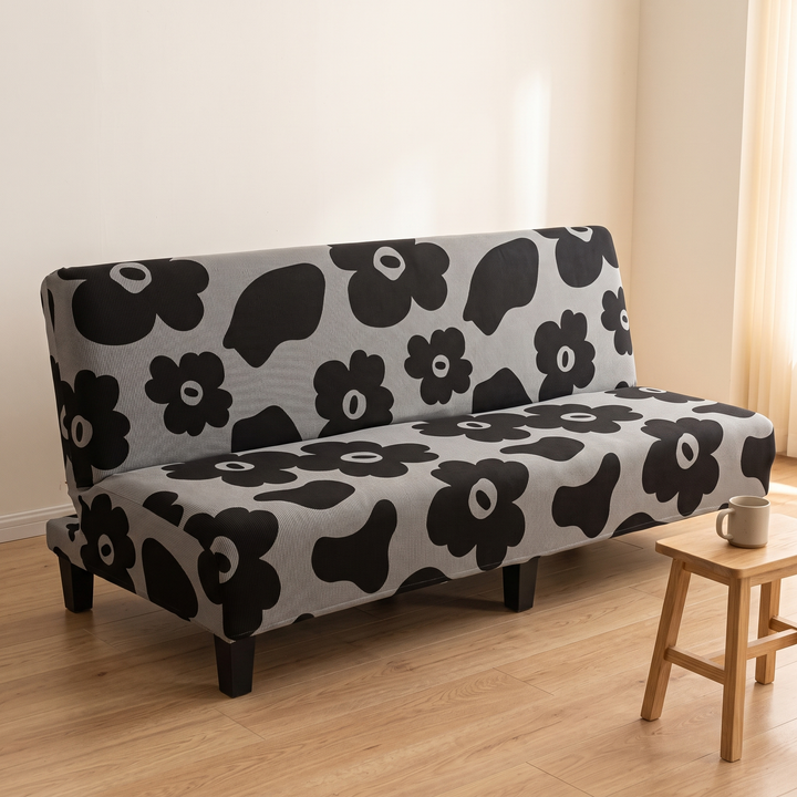 Stretch Futon Cover – Armless in Gray – Bold Floral – side-angled view showing seat depth and full backrest height