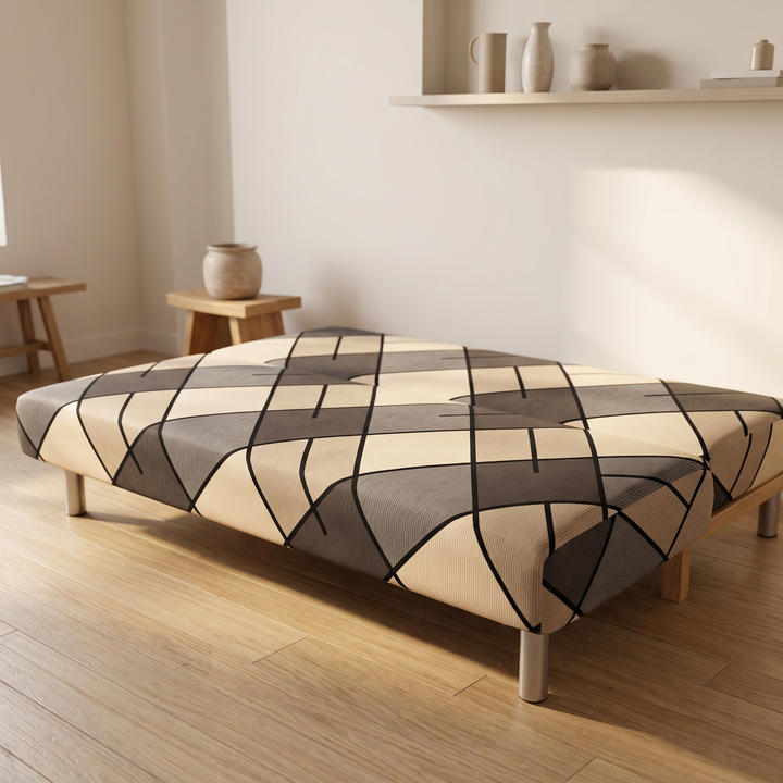 Stretch Futon Cover – Armless in Gray – Diamond Check – lying flat beneath a wall shelf of ceramic vases
