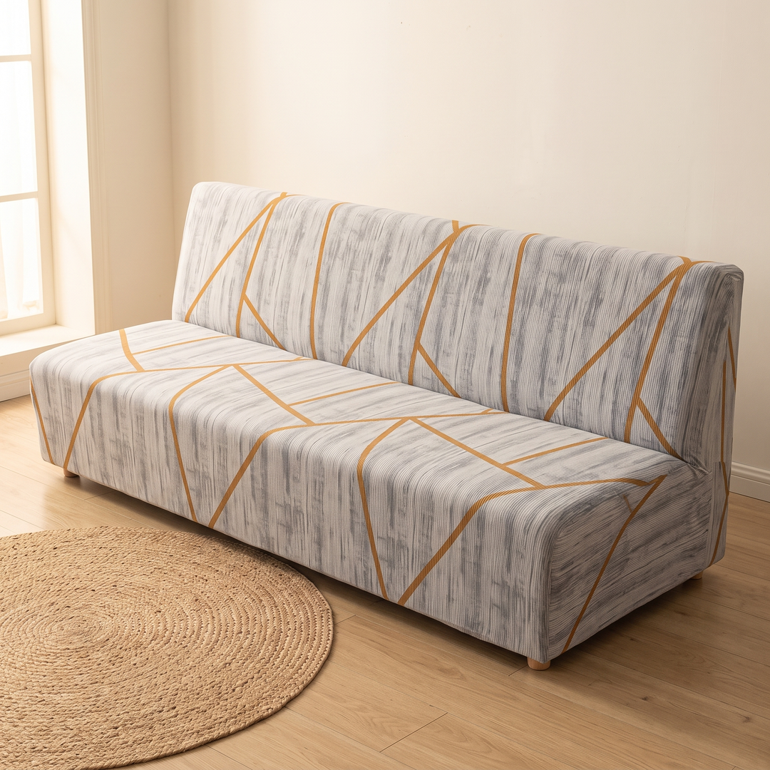 Stretch Futon Cover – Armless in Light Gray – Golden Line – with a round braided jute rug in foreground