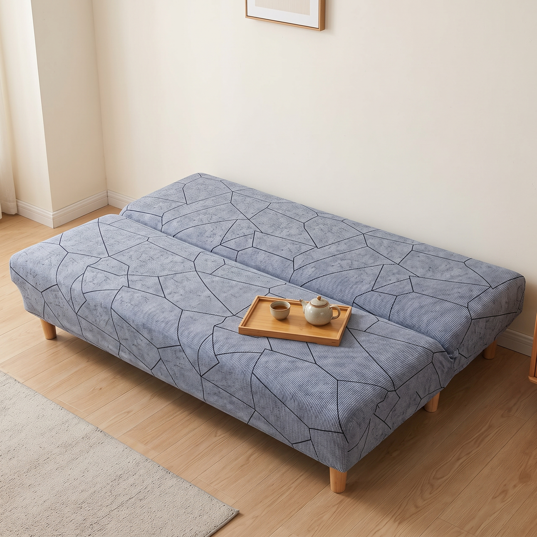 Stretch Futon Cover – Armless in Slate Gray – Line Geometric – flat bed mode with a wooden tray and teapot