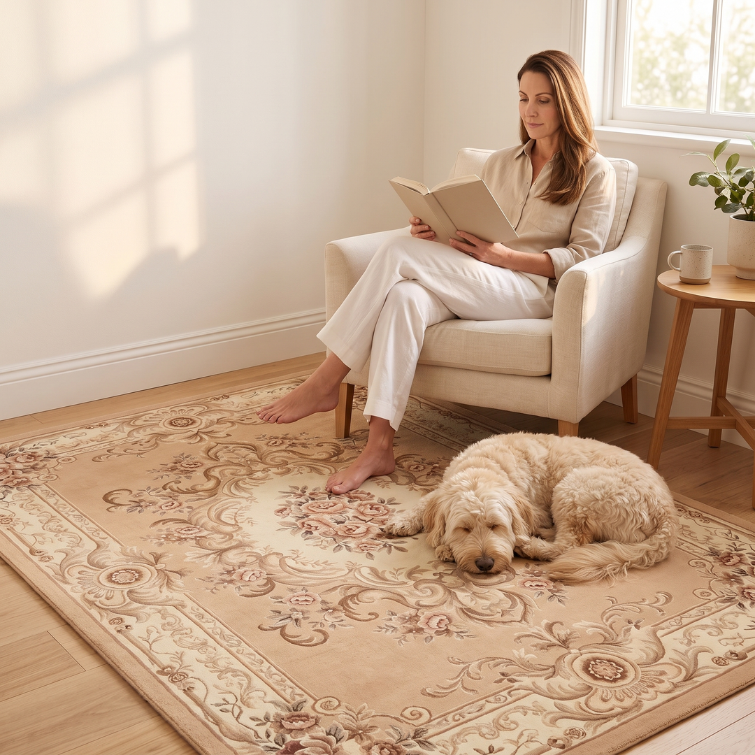 Aubusson-Style Floral Rug – Washable in Beige – Aubusson – under a reading woman and sleeping dog in a sunlit room