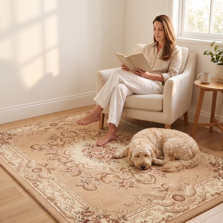 Aubusson-Style Floral Rug – Washable in Beige – Aubusson – under a reading woman and sleeping dog in a sunlit room