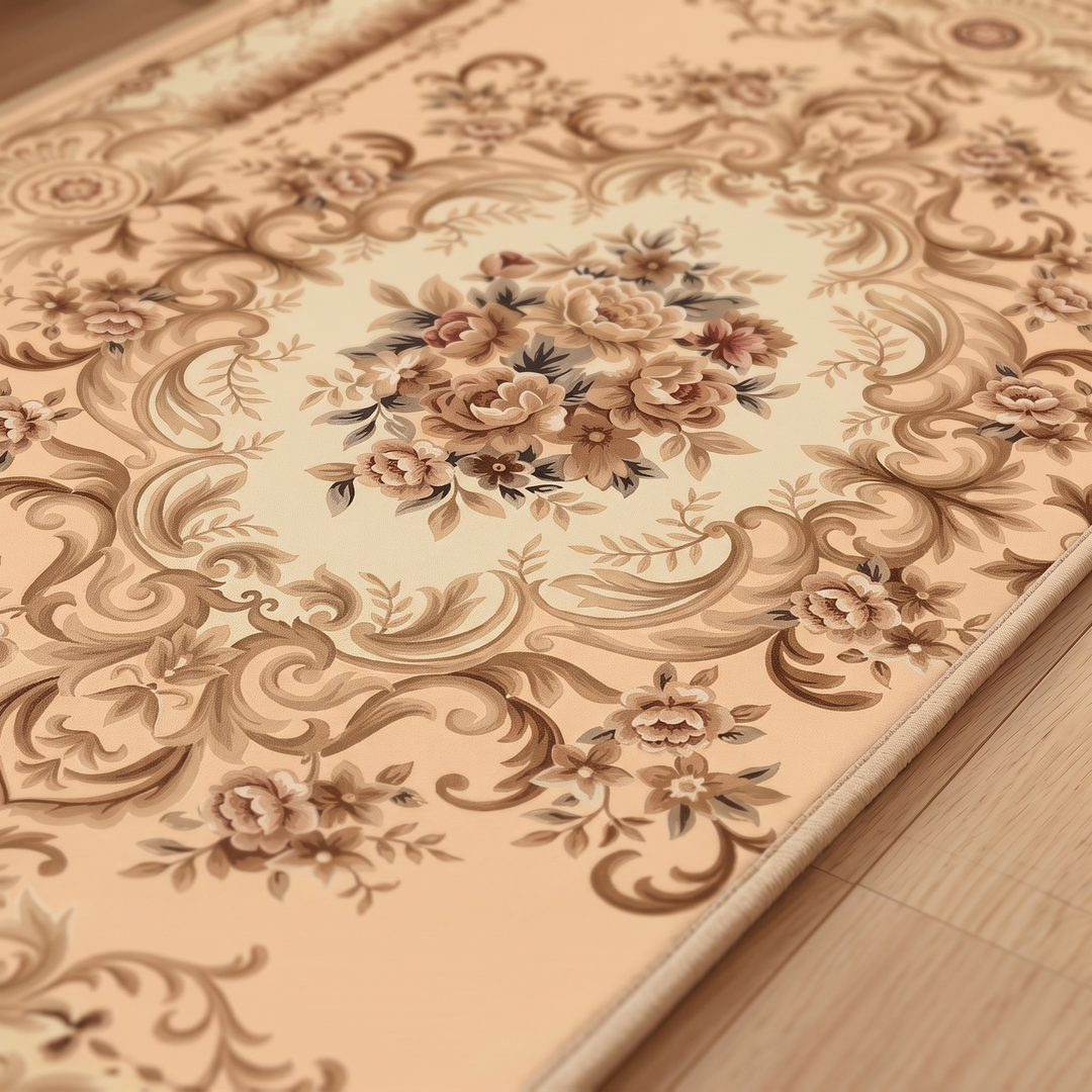 Aubusson-Style Floral Rug – Washable in Beige – Aubusson – angled close-up of the central floral medallion on a light wood floor