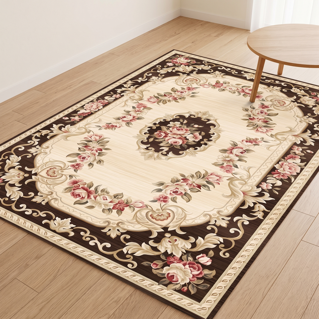 Aubusson-Style Floral Rug – Washable in Chocolate Brown – Aubusson – full rug on light wood floor beside a round side table