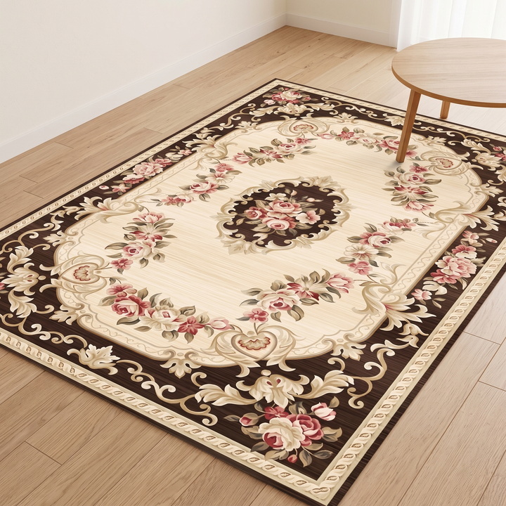 Aubusson-Style Floral Rug – Washable in Chocolate Brown – Aubusson – full rug on light wood floor beside a round side table