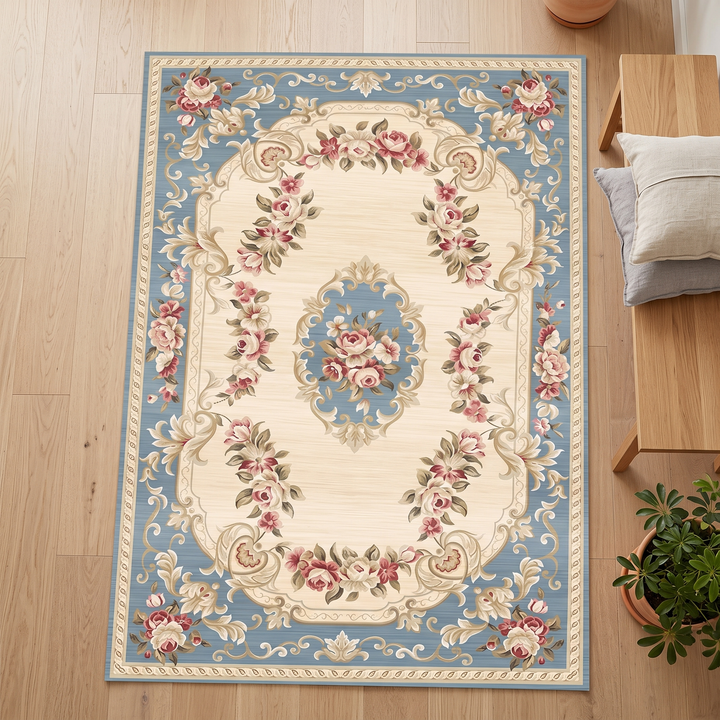 Aubusson-Style Floral Rug – Washable in Dusty Blue – Aubusson – overhead view on wood floor beside a bench with cushions and a potted plant