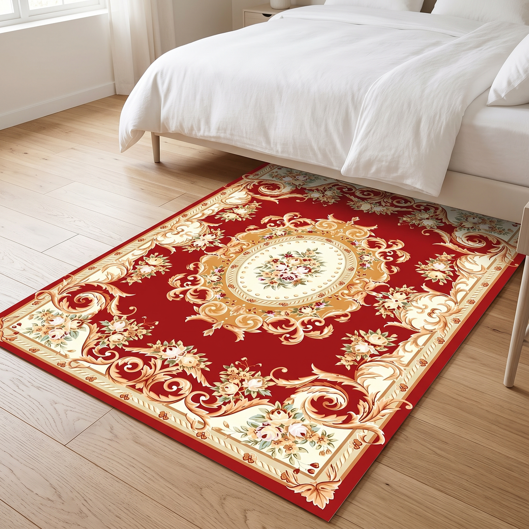Aubusson-Style Floral Rug – Washable in Red – Gold Medallion – partly tucked under a bed with white duvet