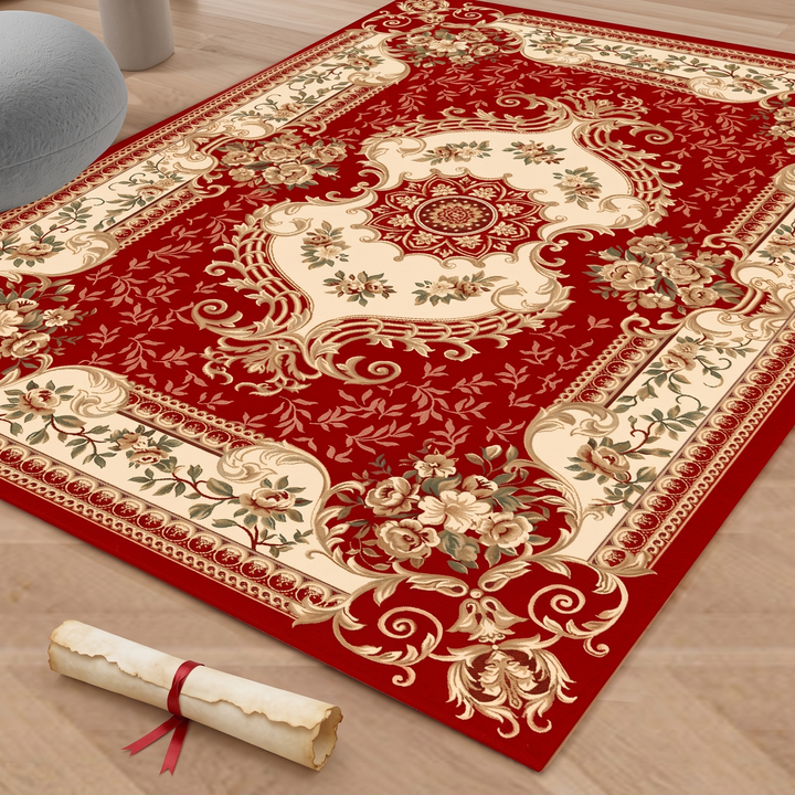 Aubusson-Style Floral Rug – Washable in Red – Aubusson – full rug at an angle on wood floor beside a rolled scroll