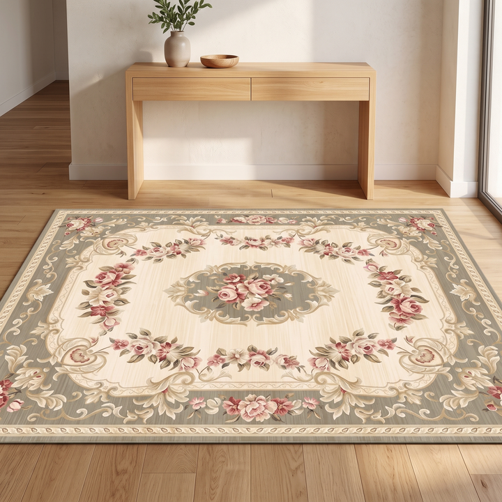Aubusson-Style Floral Rug – Washable in Sage – Aubusson – in front of a wooden console table with vase and bowl