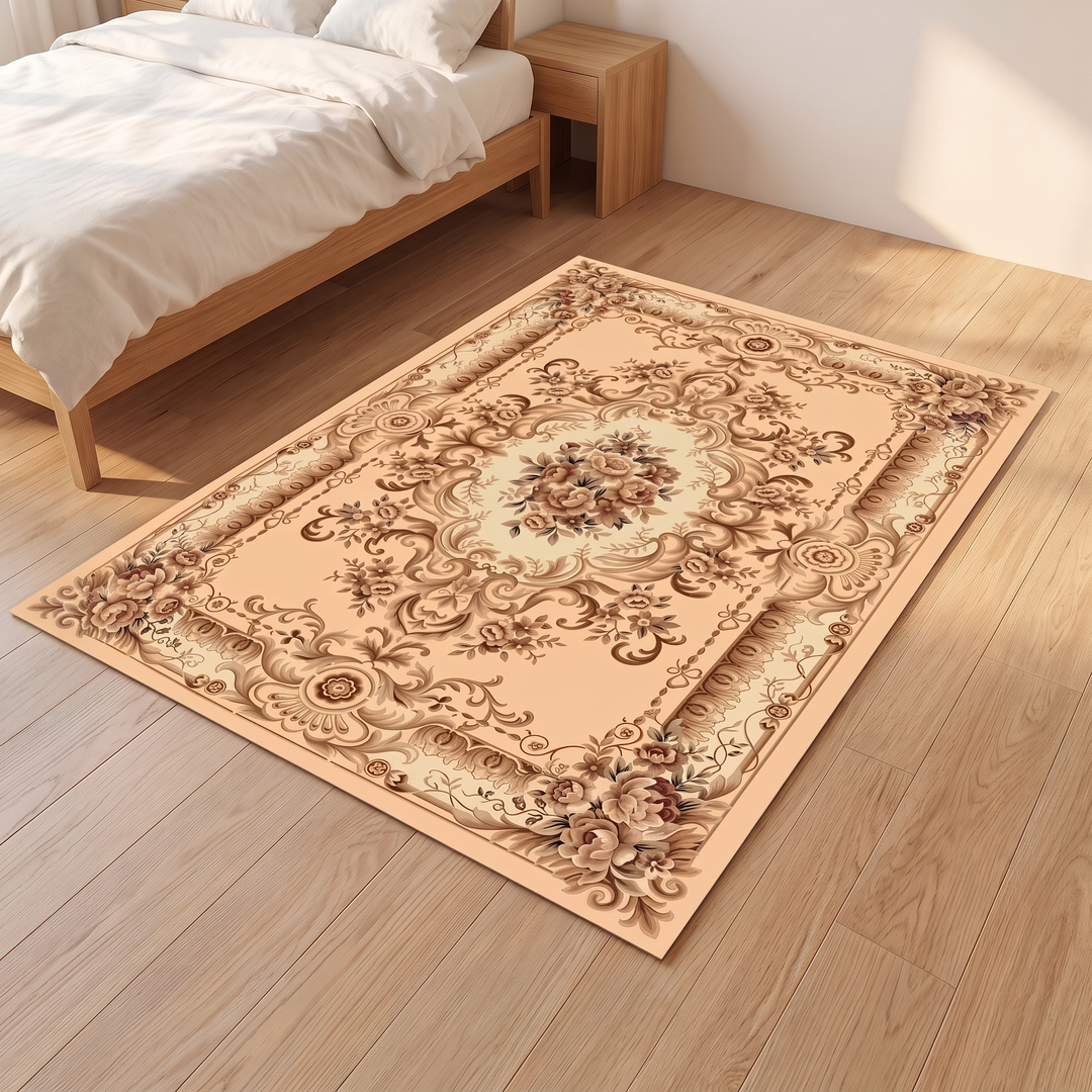 Aubusson-Style Floral Rug – Washable in Beige – Aubusson – laid on a wood floor beside a bed and nightstand