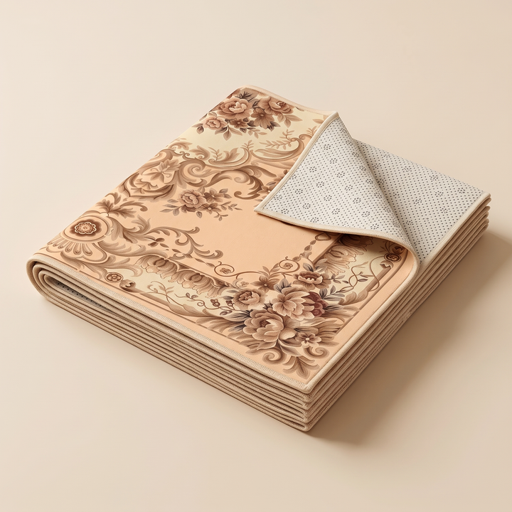 Aubusson-Style Floral Rug – Washable in Beige – Aubusson – folded in a stack with a corner turned up showing the non-slip backing