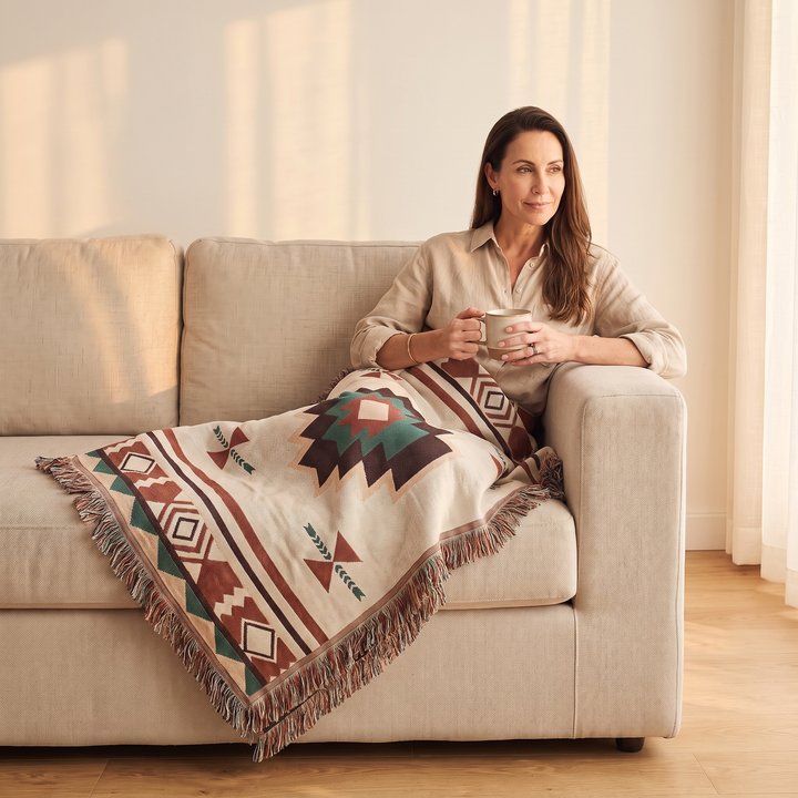 Aztec Throw Blanket – Woven in Cream Aztec – covering a seated woman&