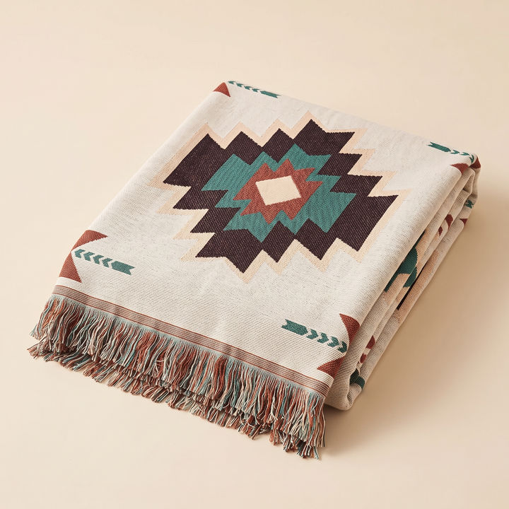 Aztec Throw Blanket – Woven in Cream Aztec – folded flat from above, showing the central diamond motif