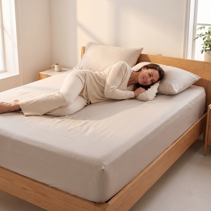 Bamboo Viscose Fitted Sheet Set with Pillowcases in Oatmeal – fitted on an oak platform bed with a woman reclining beside a window