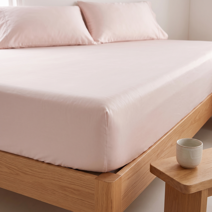 Bamboo Viscose Fitted Sheet Set with Pillowcases in Light Pink – low corner view of oak bed frame with stoneware cup