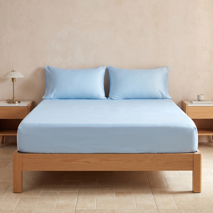 Bamboo Viscose Fitted Sheet Set with Pillowcases in Light Blue – front view on oak bed between two wooden nightstands