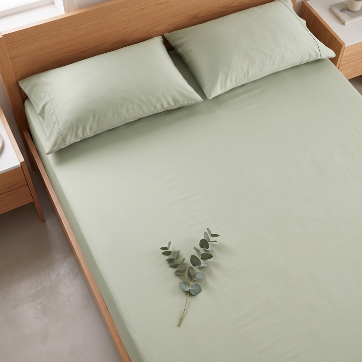 Bamboo Viscose Fitted Sheet Set with Pillowcases in Sage – overhead view of fitted sheet on oak bed with eucalyptus sprig
