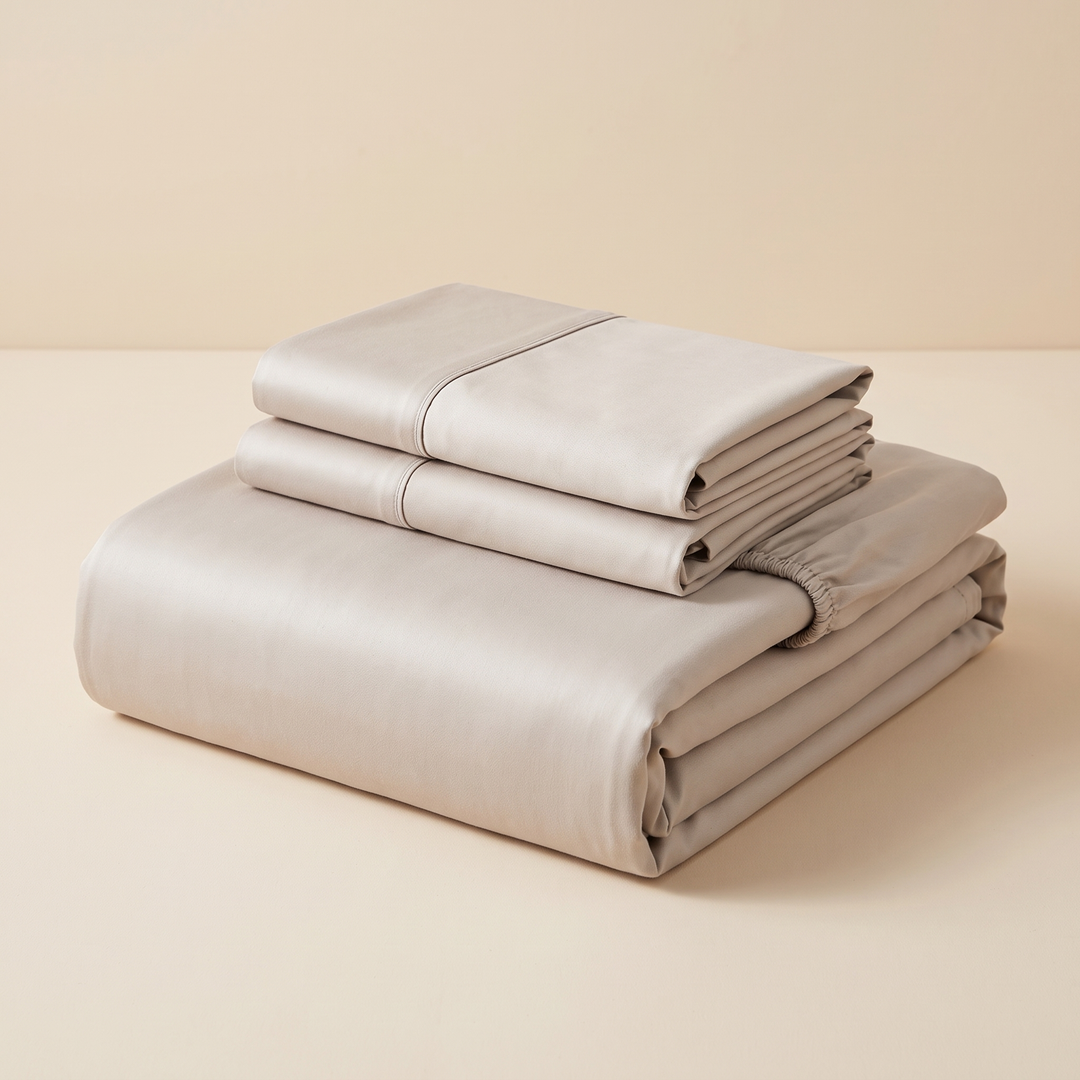 Bamboo Viscose Fitted Sheet Set with Pillowcases in Oatmeal – folded stack with two pillowcases on a plain cream surface
