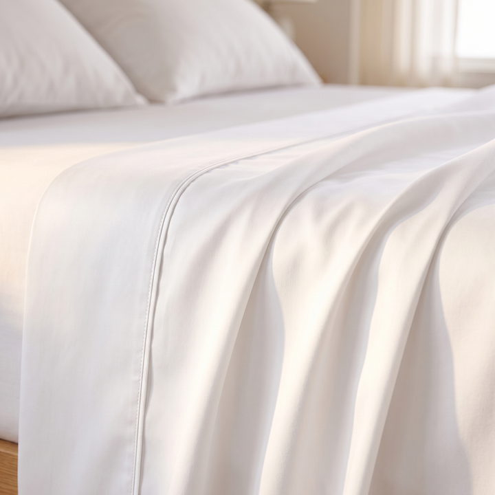 Bamboo Viscose Flat Sheet in White – close-up of the hemmed edge draped over a bed corner