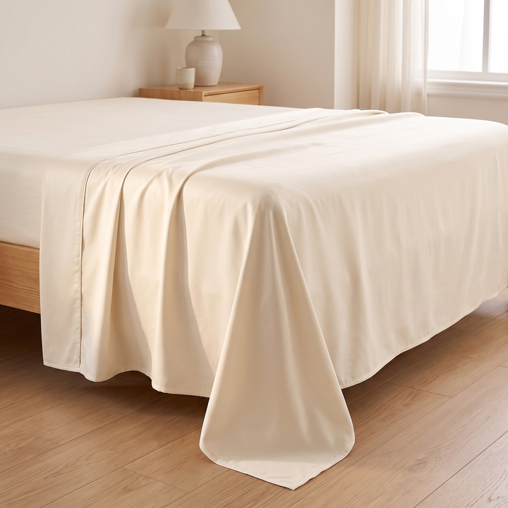 Bamboo Viscose Flat Sheet in Cream – corner hanging off a wooden bed toward the hardwood floor