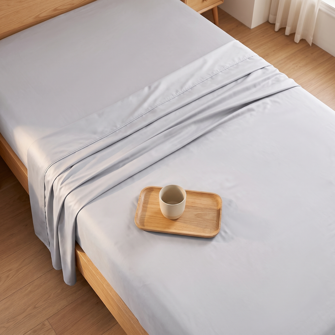 Bamboo Viscose Flat Sheet in Light Gray – overhead view with a wooden tray and cup on a wood-framed bed