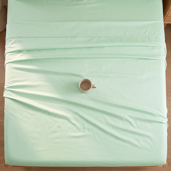 Bamboo Viscose Flat Sheet in Mint Green – top-down view of rumpled folds with a lone mug