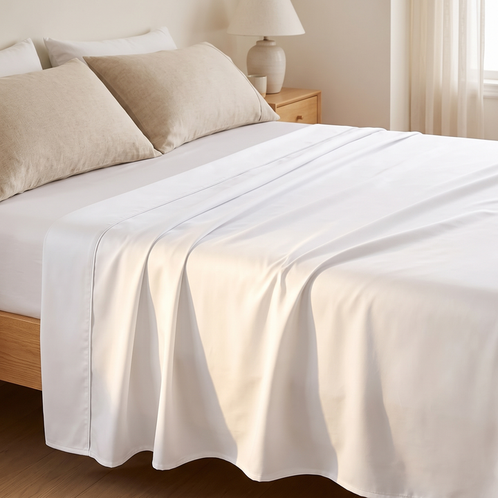 Bamboo Viscose Flat Sheet in White – spread over a made bed with beige pillows beside a wooden nightstand