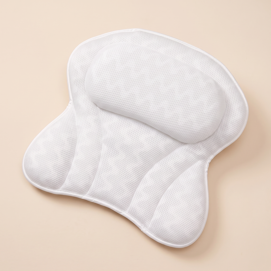 Bath Pillow with Suction Cups in White – angled view of raised headrest and channeled back panels