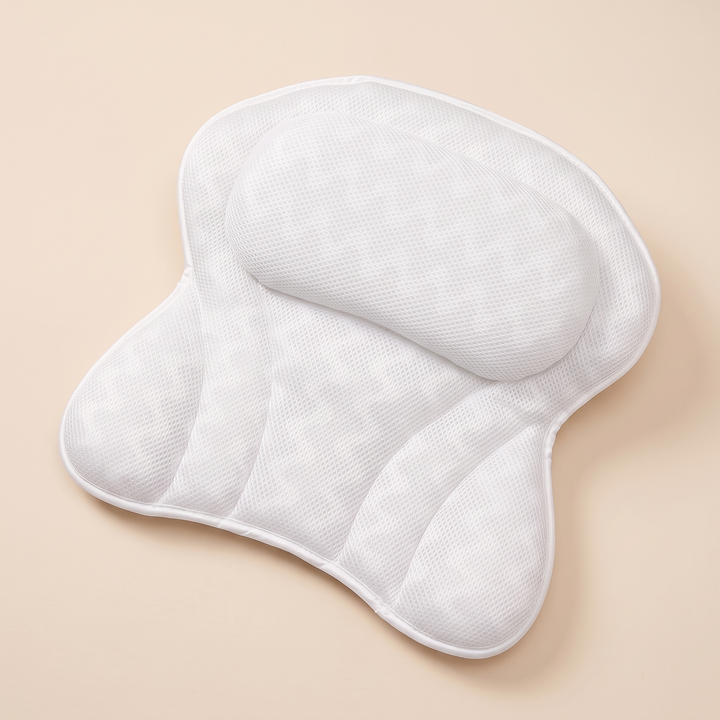 Bath Pillow with Suction Cups in White – angled view of raised headrest and channeled back panels