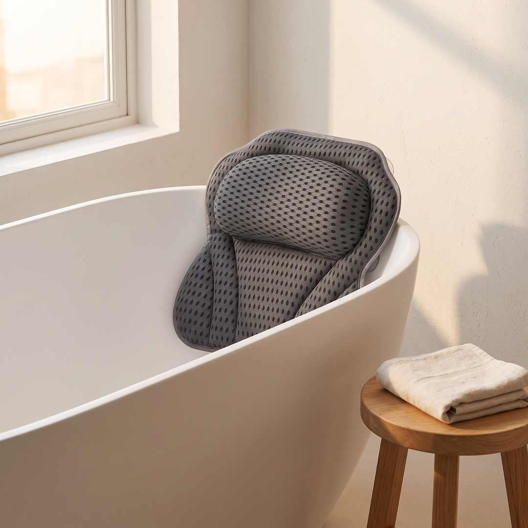 Bath Pillow with Suction Cups in Dark Gray – resting on a white freestanding bathtub beside a sunlit window