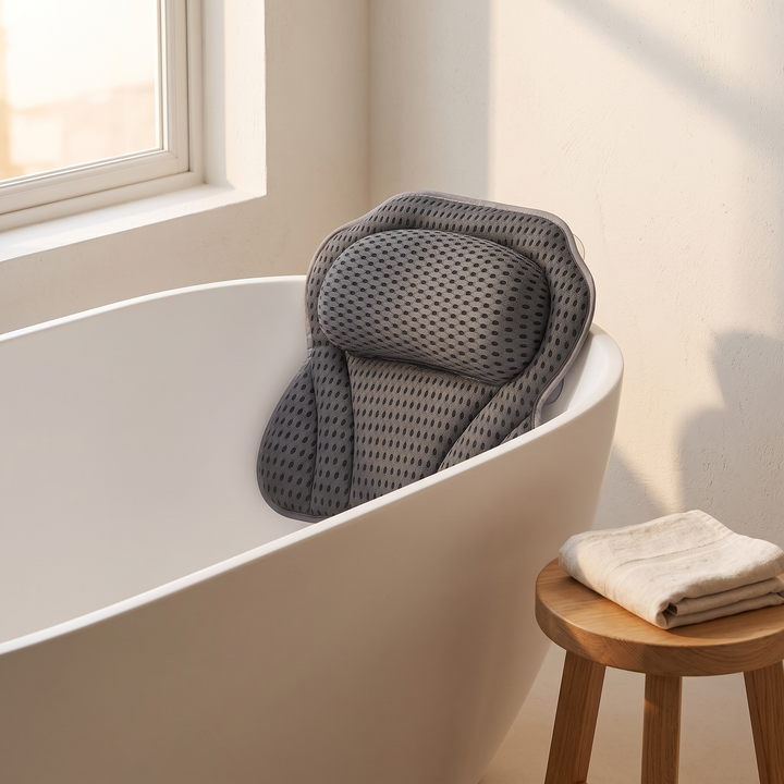Bath Pillow with Suction Cups in Dark Gray – resting on a white freestanding bathtub beside a sunlit window