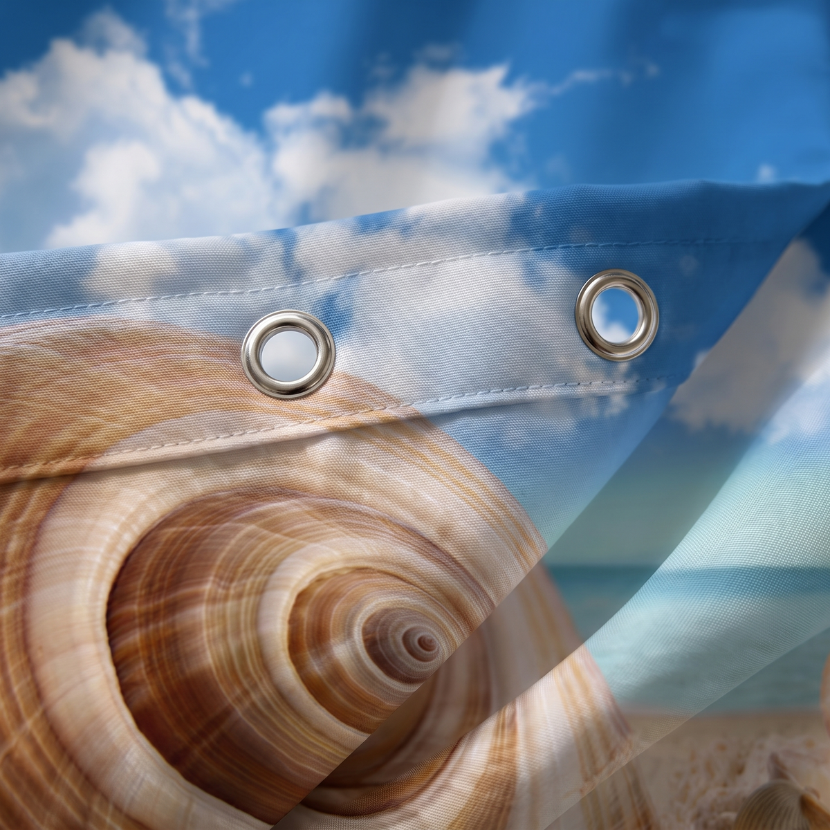 Beach Shower Curtain – Seaside Photo Prints in Sand – Seashells – close-up of metal grommets and top hem, fabric folded over